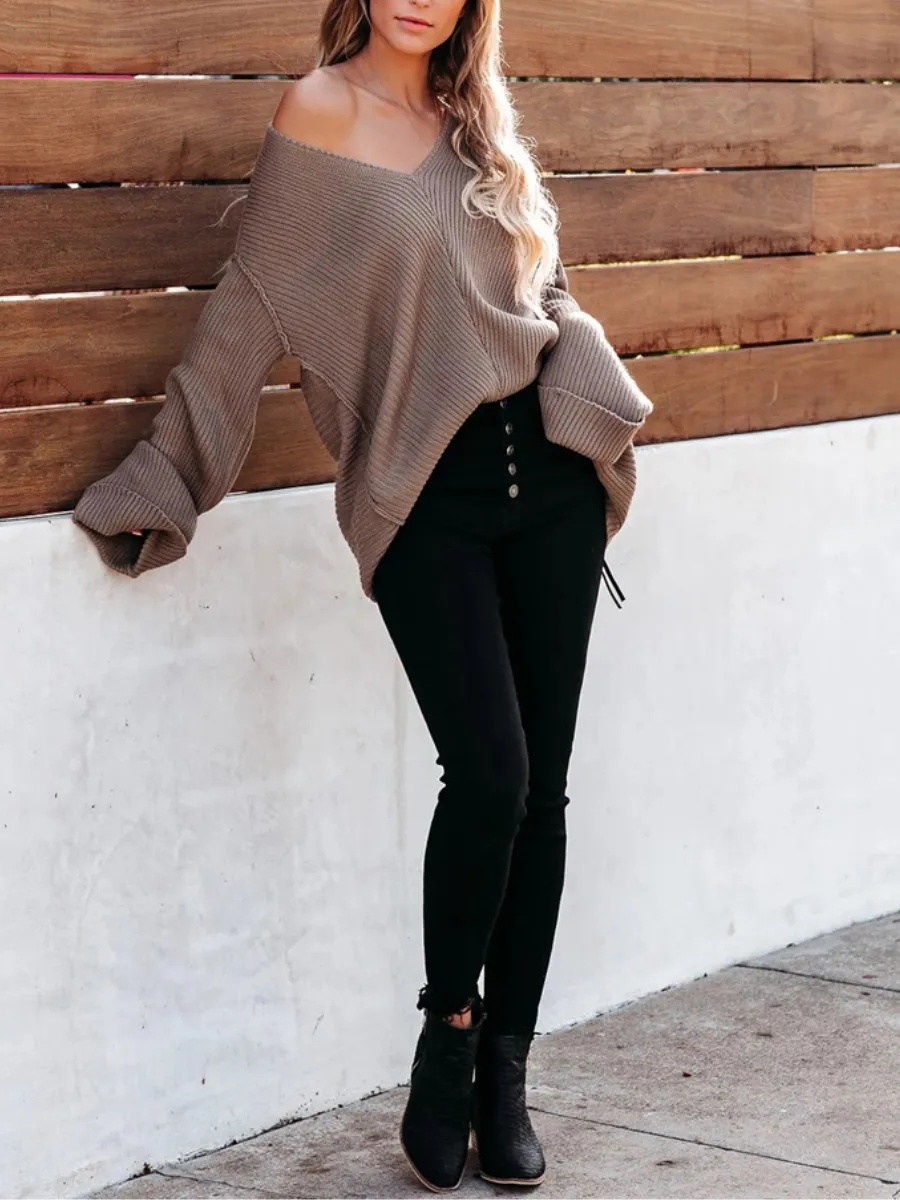 Mache Low V-Neck Oversize Sleeve Knit Top - Beige