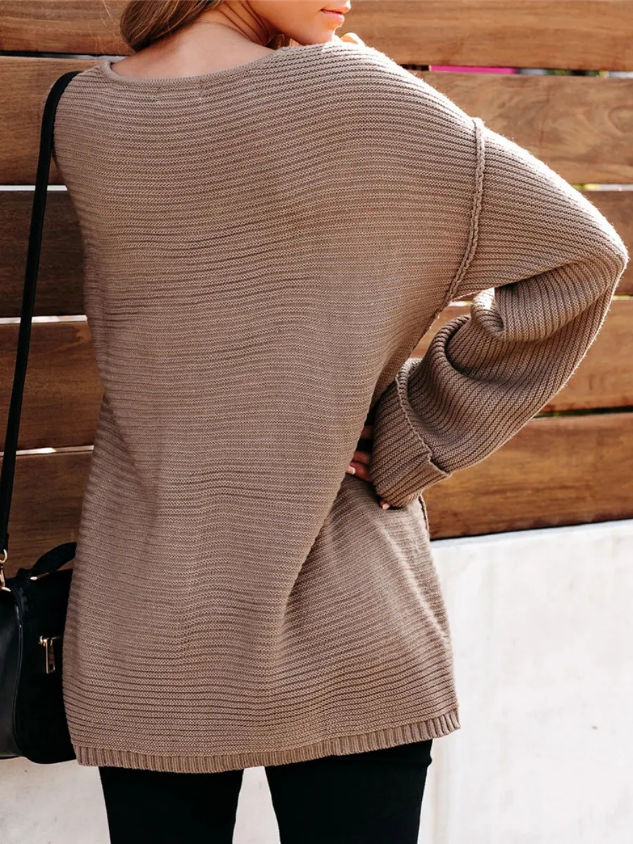 Mache Low V-Neck Oversize Sleeve Knit Top - Beige