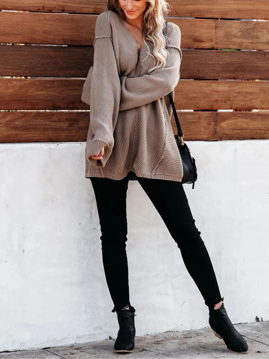Mache Low V-Neck Oversize Sleeve Knit Top - Beige