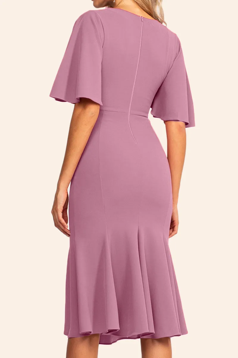 MACloth Short Sleeves Midi Pink Cocktail Dress Jersey Tea Length Formal Party Dress