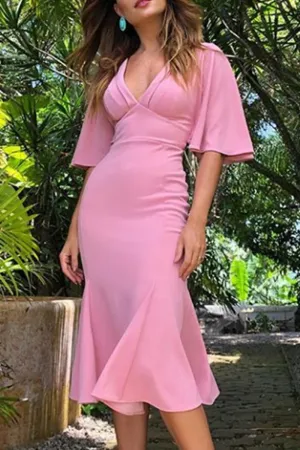 MACloth Short Sleeves Midi Pink Cocktail Dress Jersey Tea Length Formal Party Dress