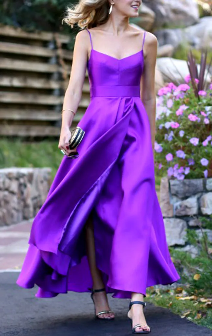 MACloth Spaghetti Straps Purple Satin Prom Dress Tea Length Wedding Party Formal Gown 10579