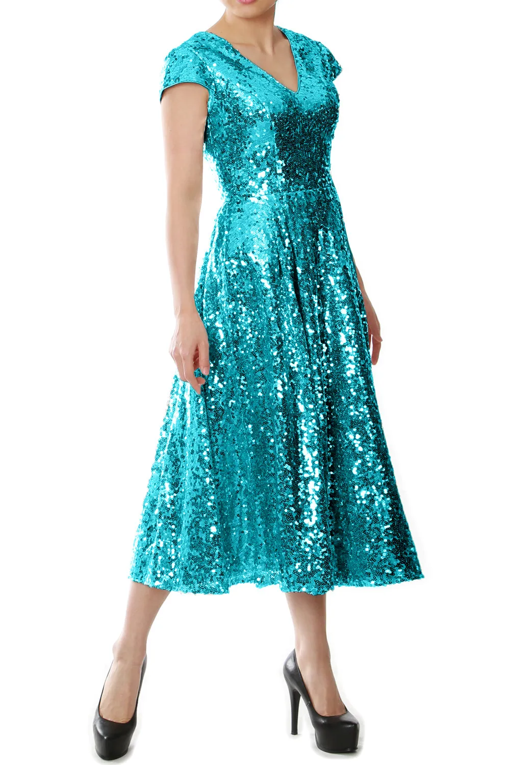 MACloth Women Midi Mother of Bride Dresses Sequin Cap Sleeves Wedding Party