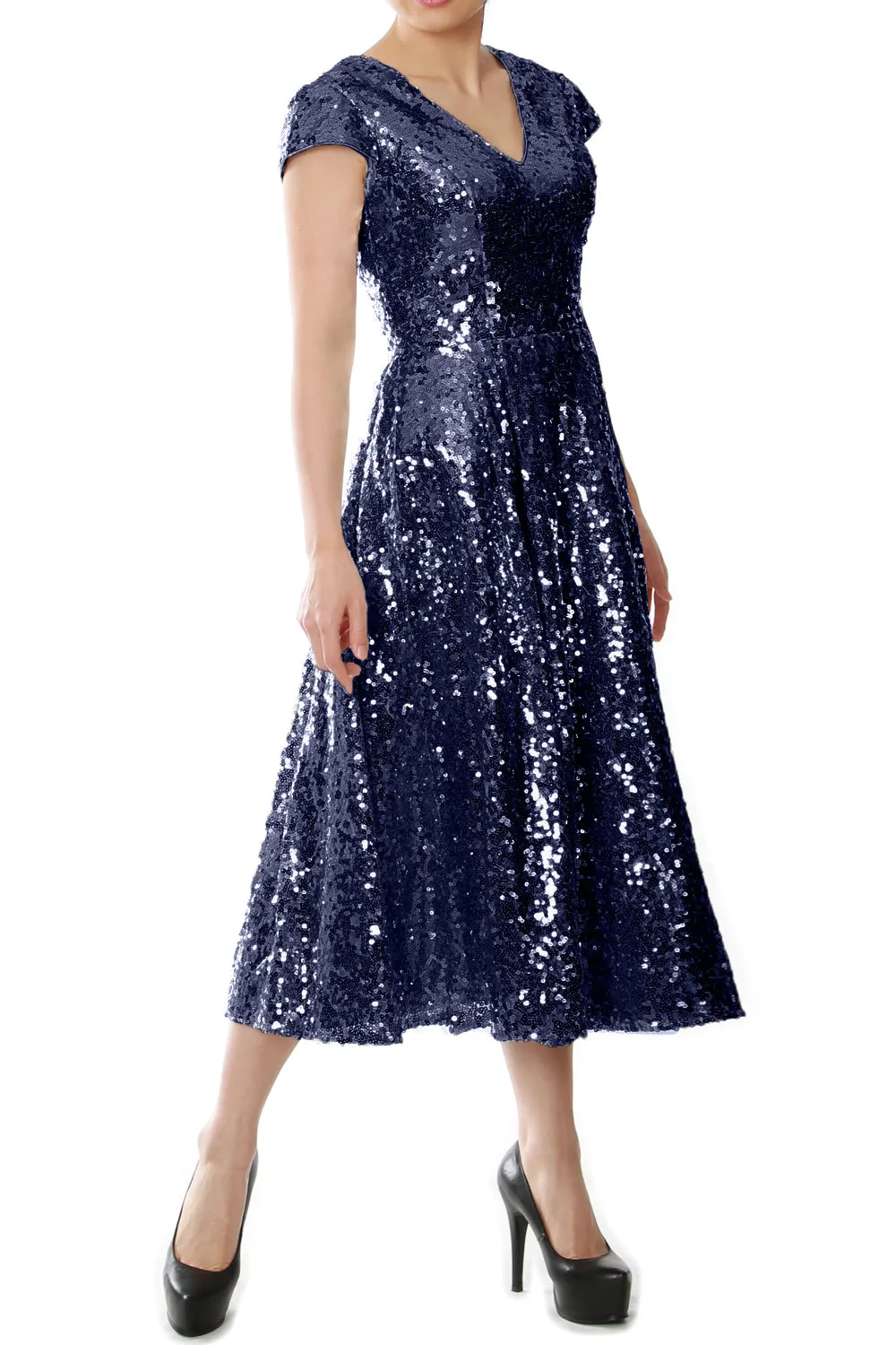 MACloth Women Midi Mother of Bride Dresses Sequin Cap Sleeves Wedding Party