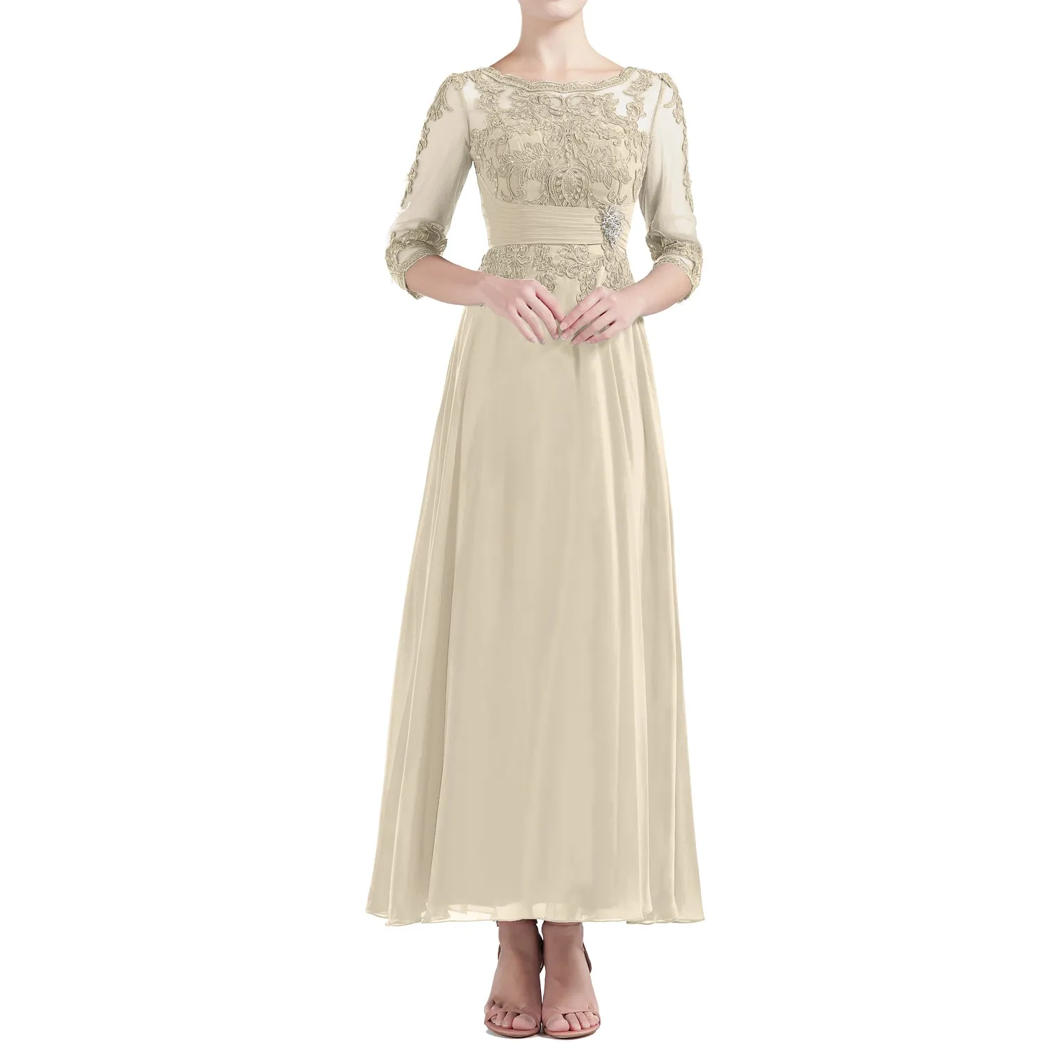 MACloth Women Tea Length 3/4 Sleeve Boat Neck Mother Bride Dresses Bridal Party