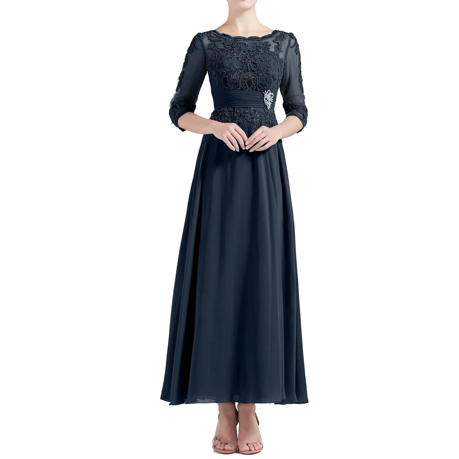 MACloth Women Tea Length 3/4 Sleeve Boat Neck Mother Bride Dresses Bridal Party