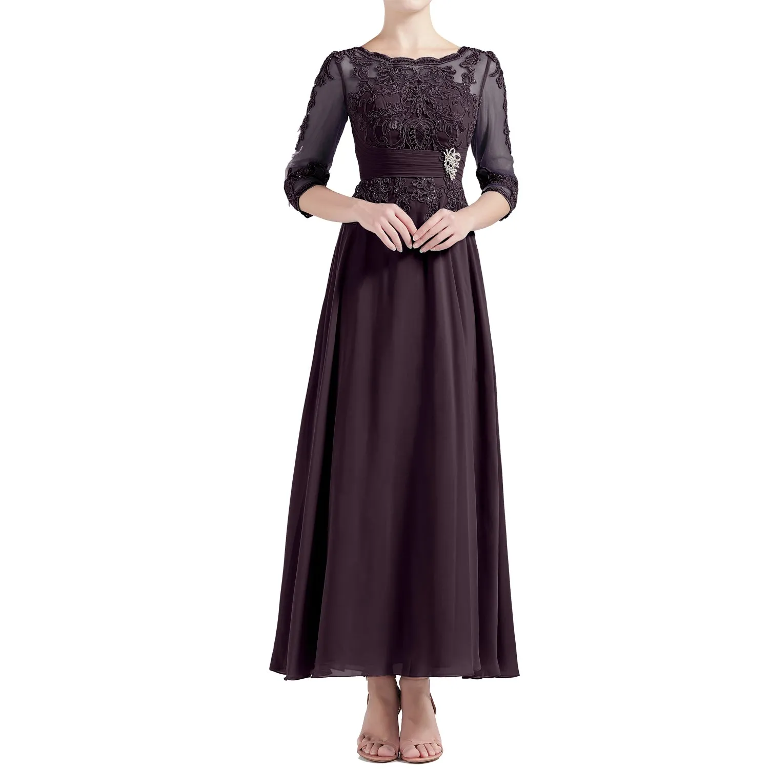 MACloth Women Tea Length 3/4 Sleeve Boat Neck Mother Bride Dresses Bridal Party