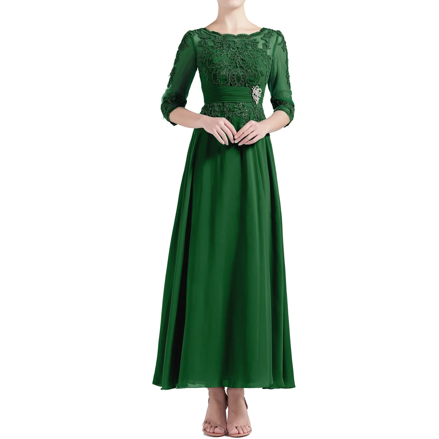 MACloth Women Tea Length 3/4 Sleeve Boat Neck Mother Bride Dresses Bridal Party