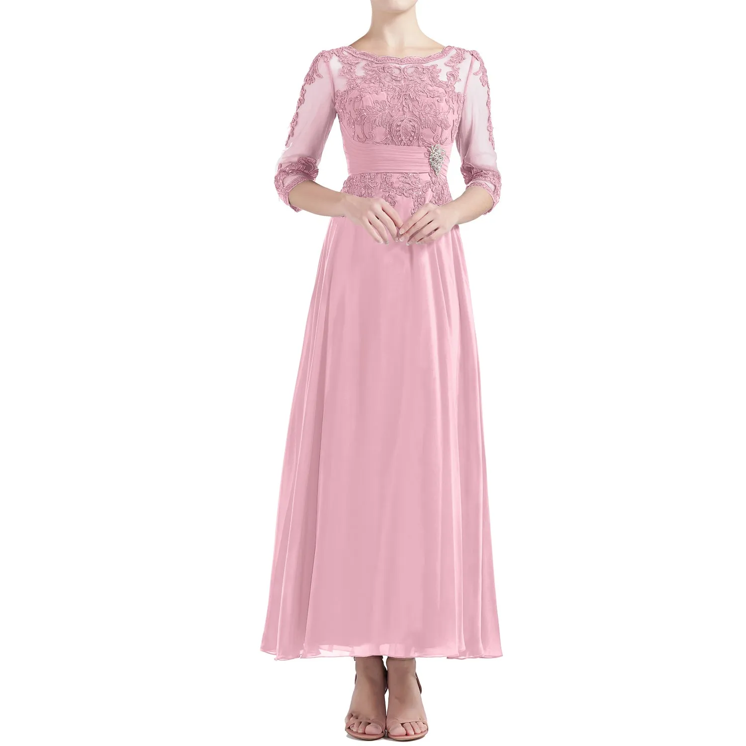 MACloth Women Tea Length 3/4 Sleeve Boat Neck Mother Bride Dresses Bridal Party