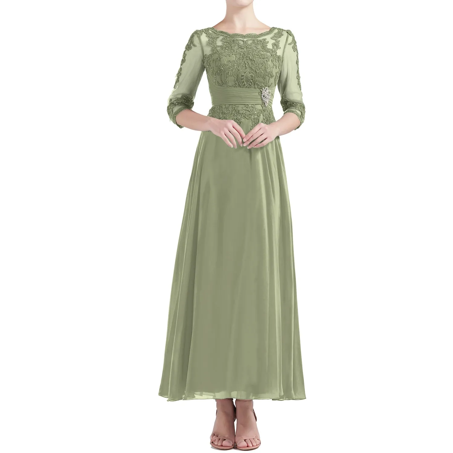 MACloth Women Tea Length 3/4 Sleeve Boat Neck Mother Bride Dresses Bridal Party