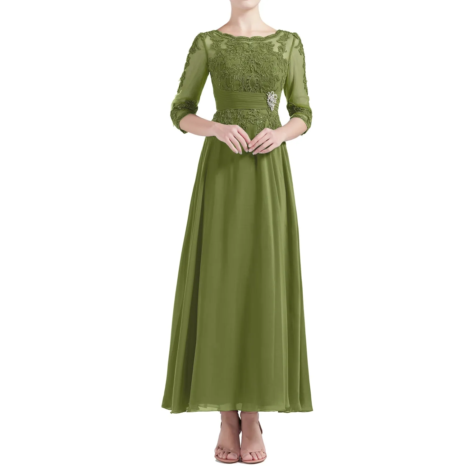 MACloth Women Tea Length 3/4 Sleeve Boat Neck Mother Bride Dresses Bridal Party