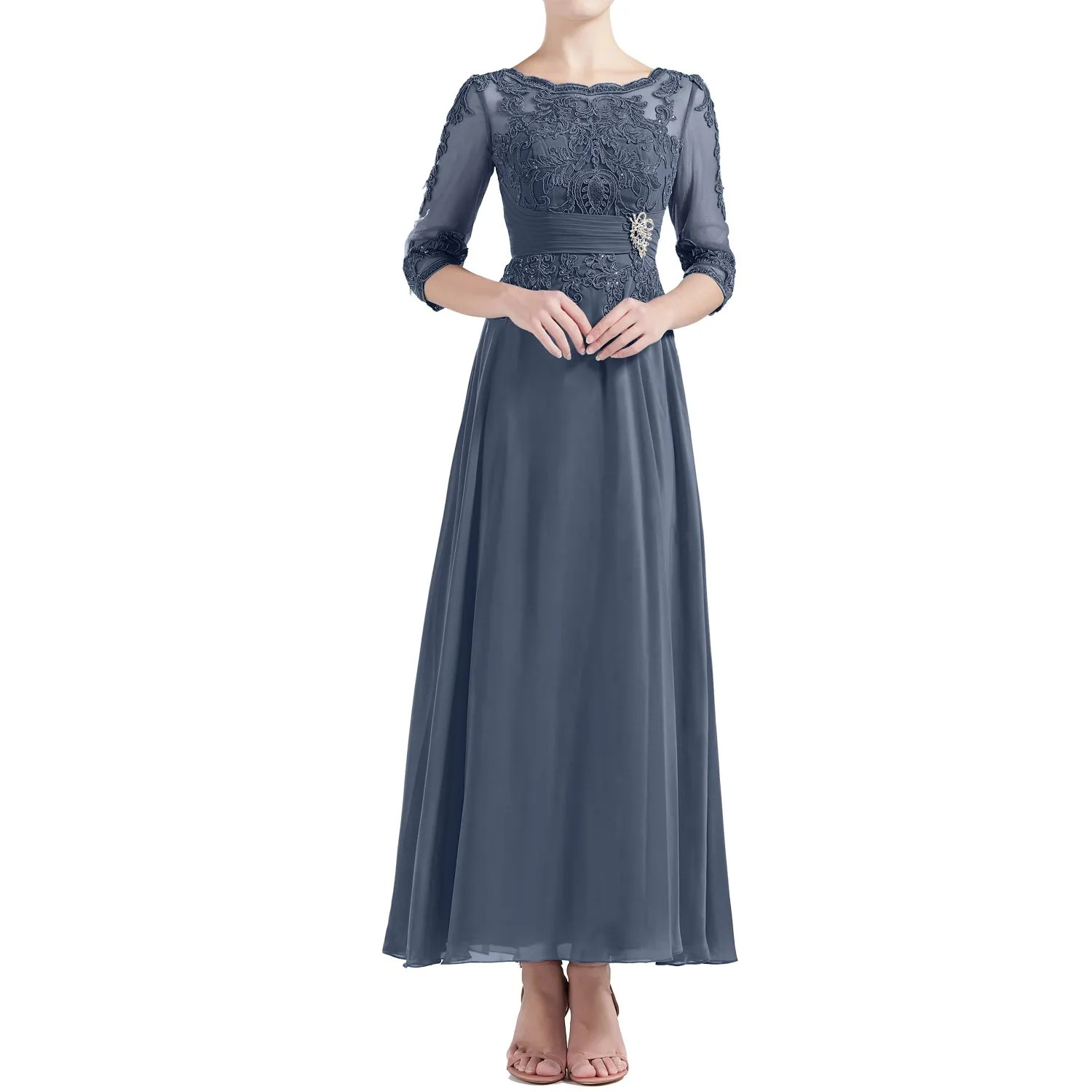 MACloth Women Tea Length 3/4 Sleeve Boat Neck Mother Bride Dresses Bridal Party