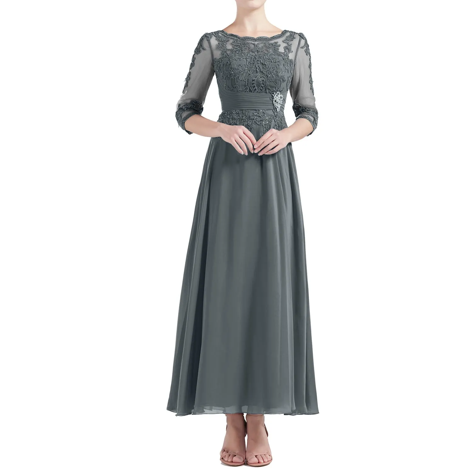 MACloth Women Tea Length 3/4 Sleeve Boat Neck Mother Bride Dresses Bridal Party