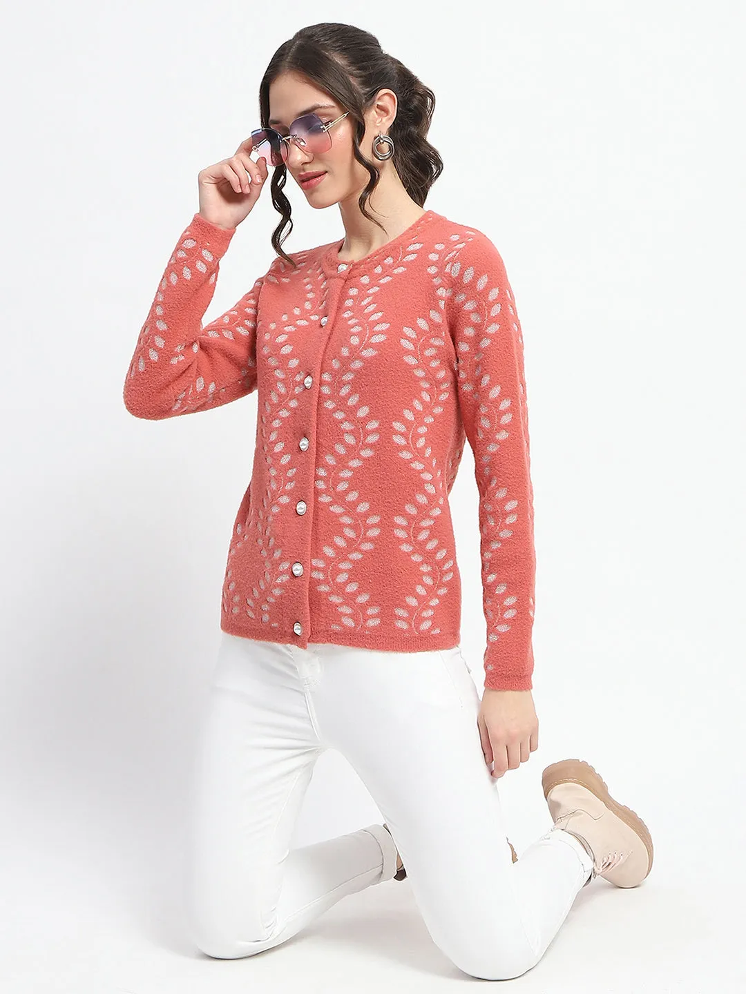 Madame Self Design Full Sleeve Cable Knit Rust Cardigan