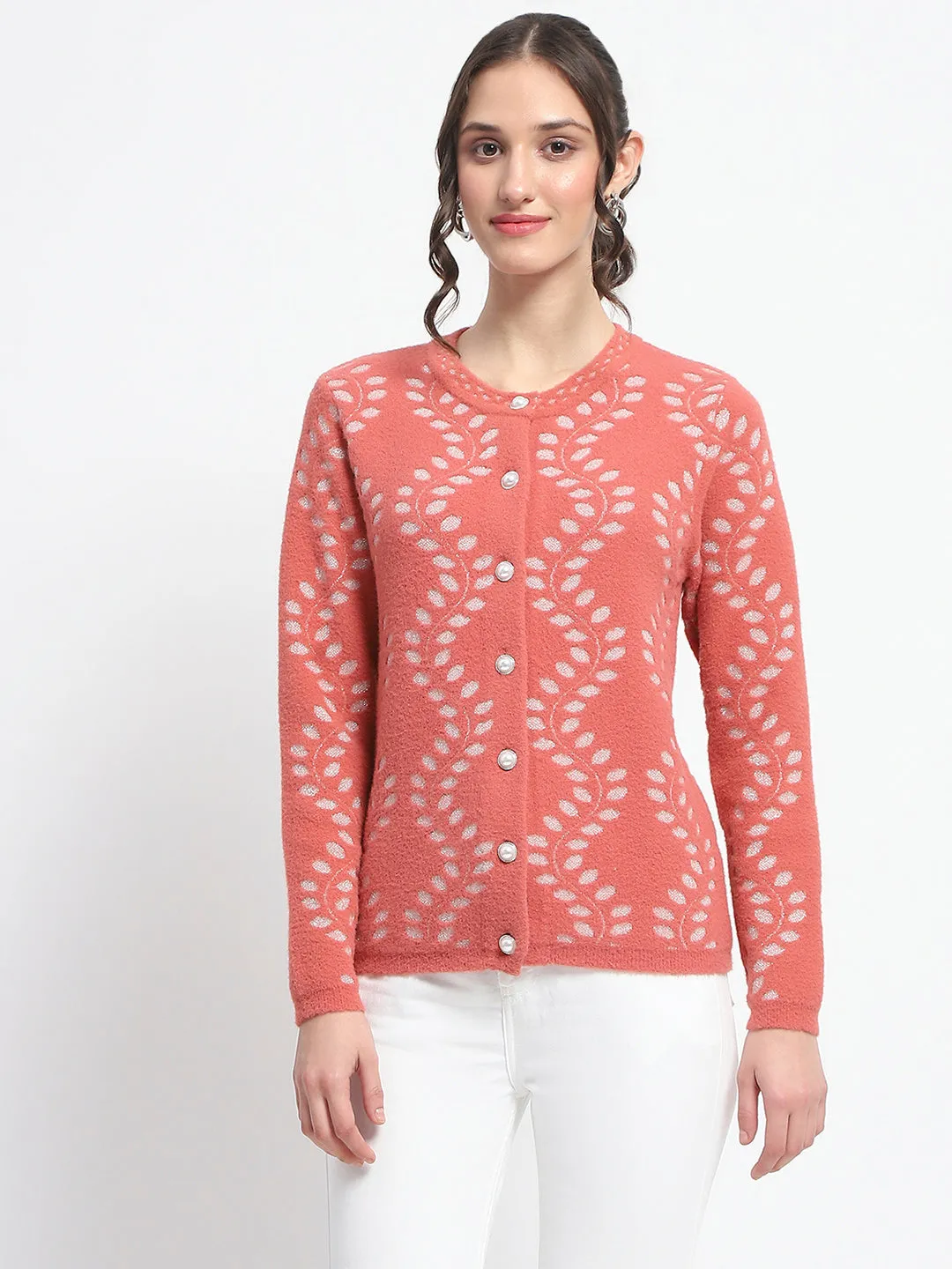Madame Self Design Full Sleeve Cable Knit Rust Cardigan