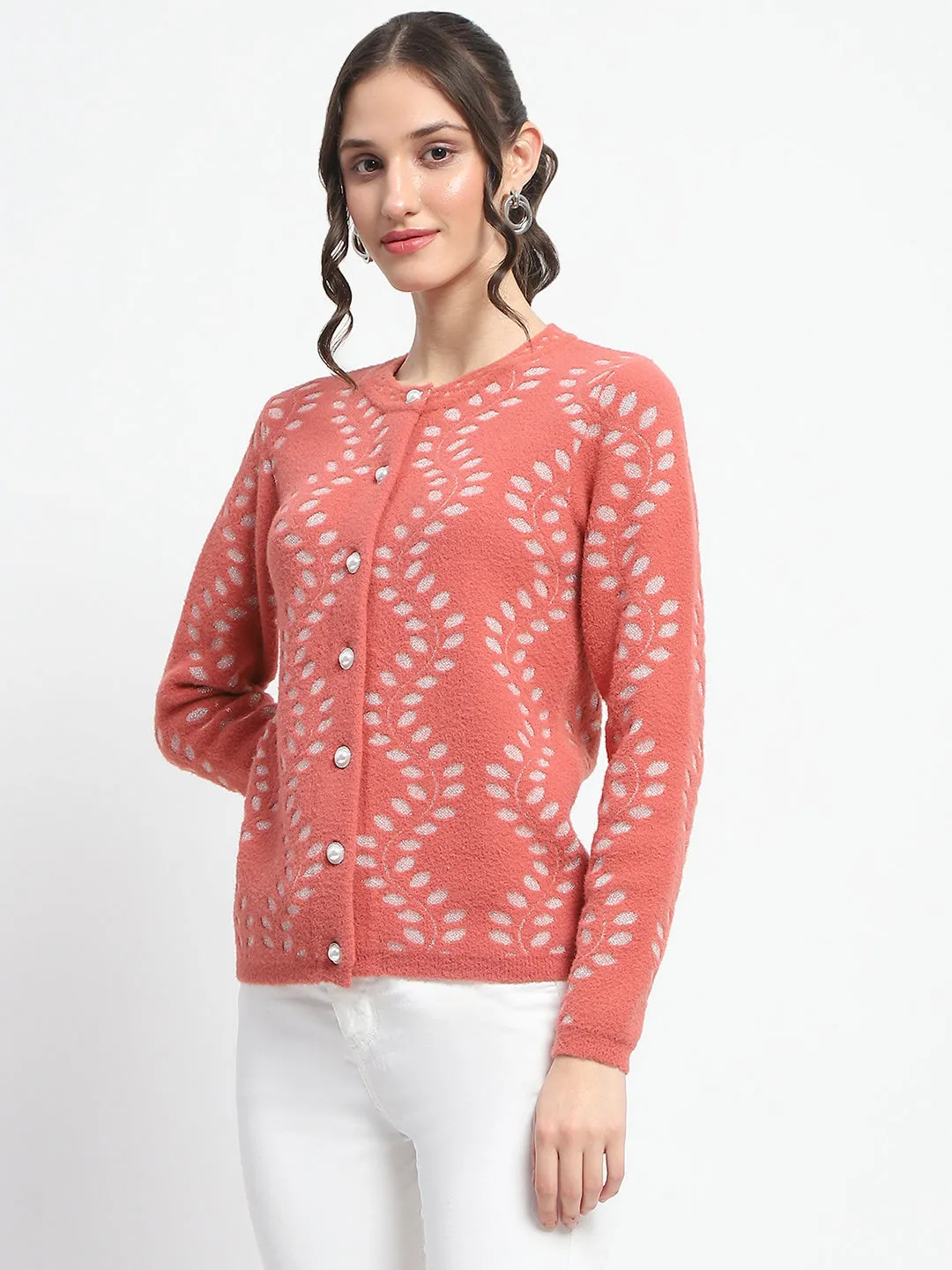 Madame Self Design Full Sleeve Cable Knit Rust Cardigan