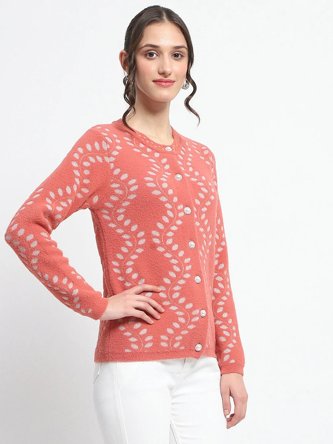 Madame Self Design Full Sleeve Cable Knit Rust Cardigan