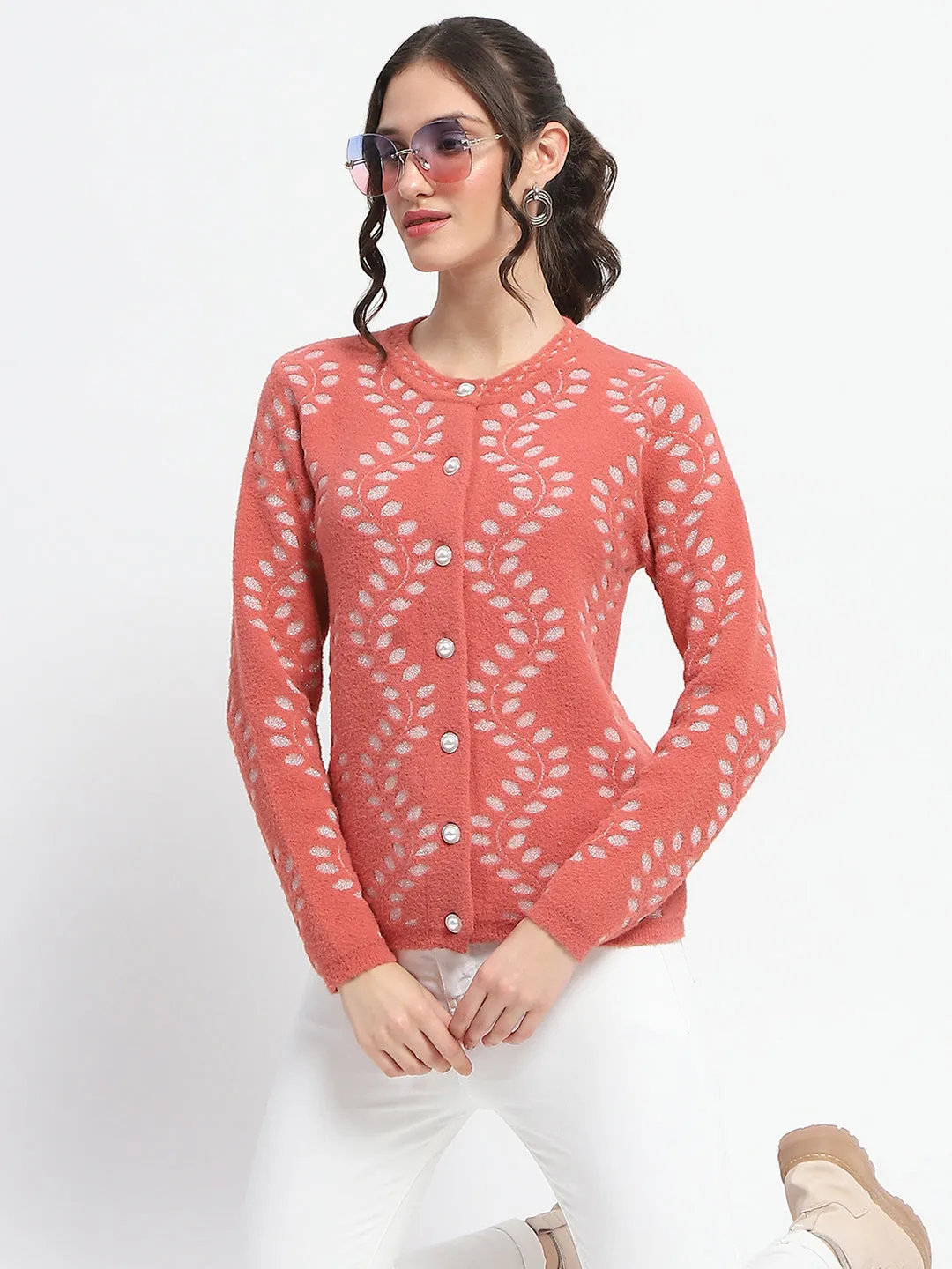 Madame Self Design Full Sleeve Cable Knit Rust Cardigan