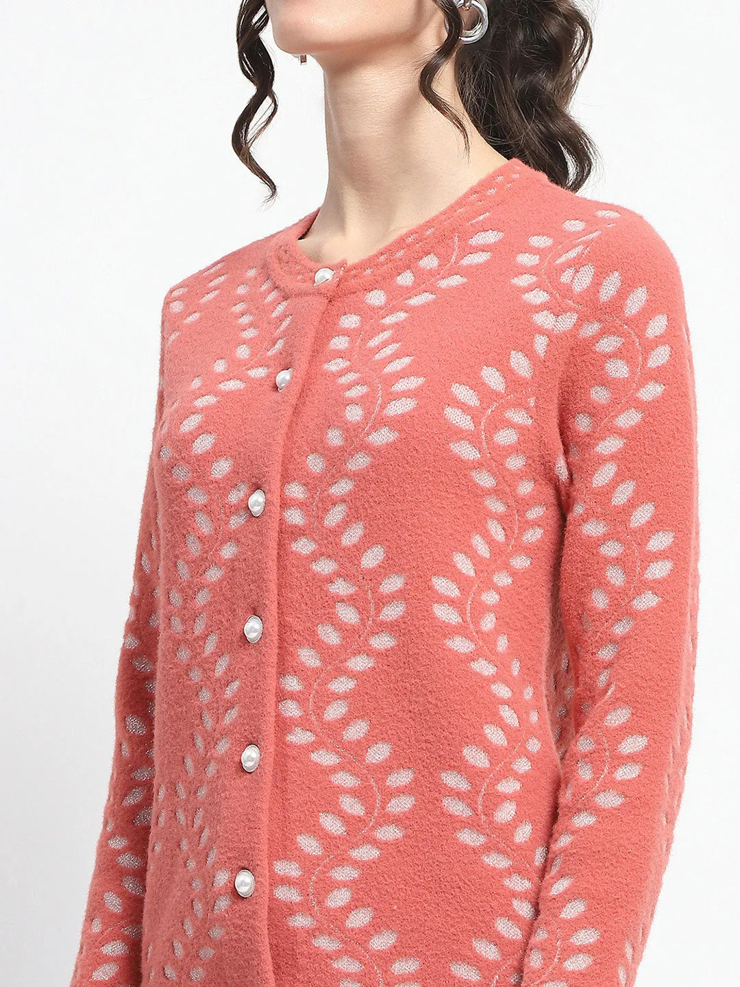 Madame Self Design Full Sleeve Cable Knit Rust Cardigan