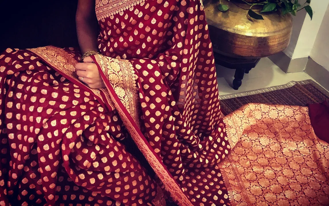 Maroon Red Banarasi Saree Heavy Khaddi