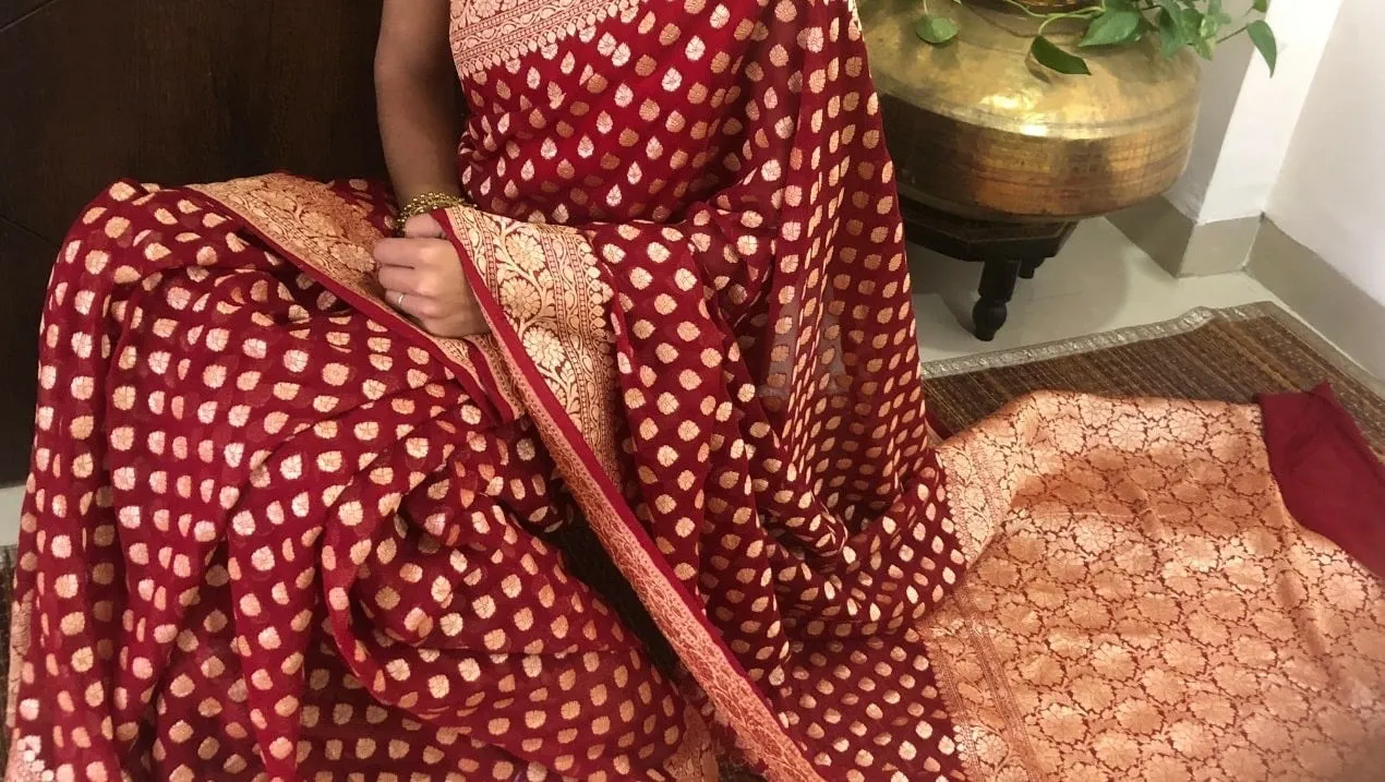 Maroon Red Banarasi Saree Heavy Khaddi