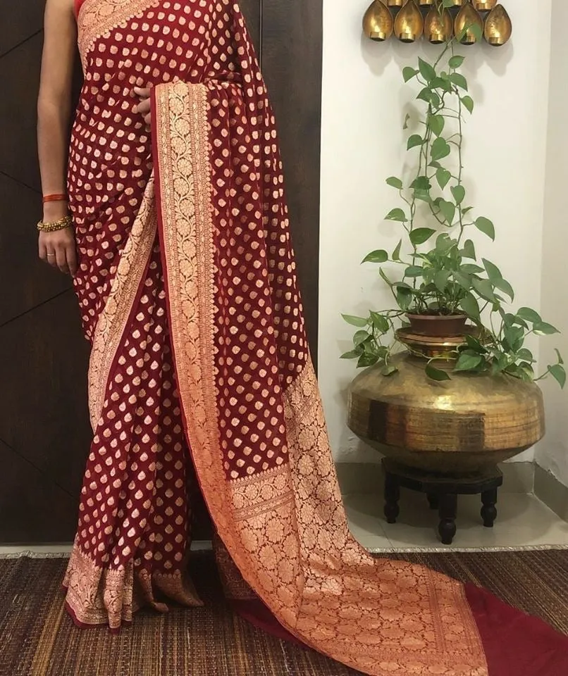 Maroon Red Banarasi Saree Heavy Khaddi