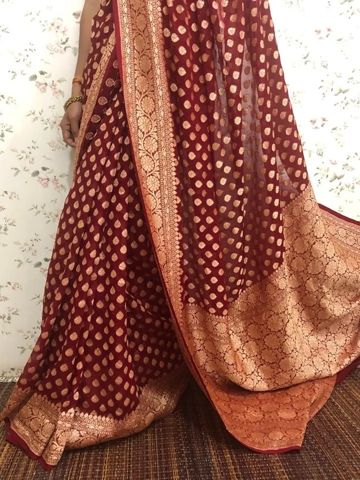 Maroon Red Banarasi Saree Heavy Khaddi