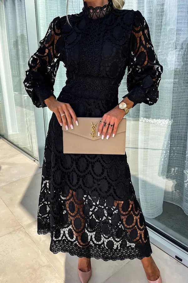 Marveil | Womens Black Lace Midi Dress with Long Sleeves Elegant Cocktail & Wedding Guest Outfit for Evening Parties