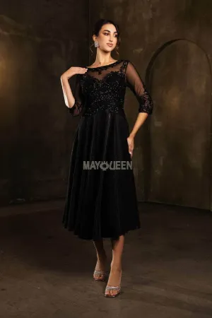 May Queen MQ2124 - Lace Illusion Tea-Length Glitter Dress