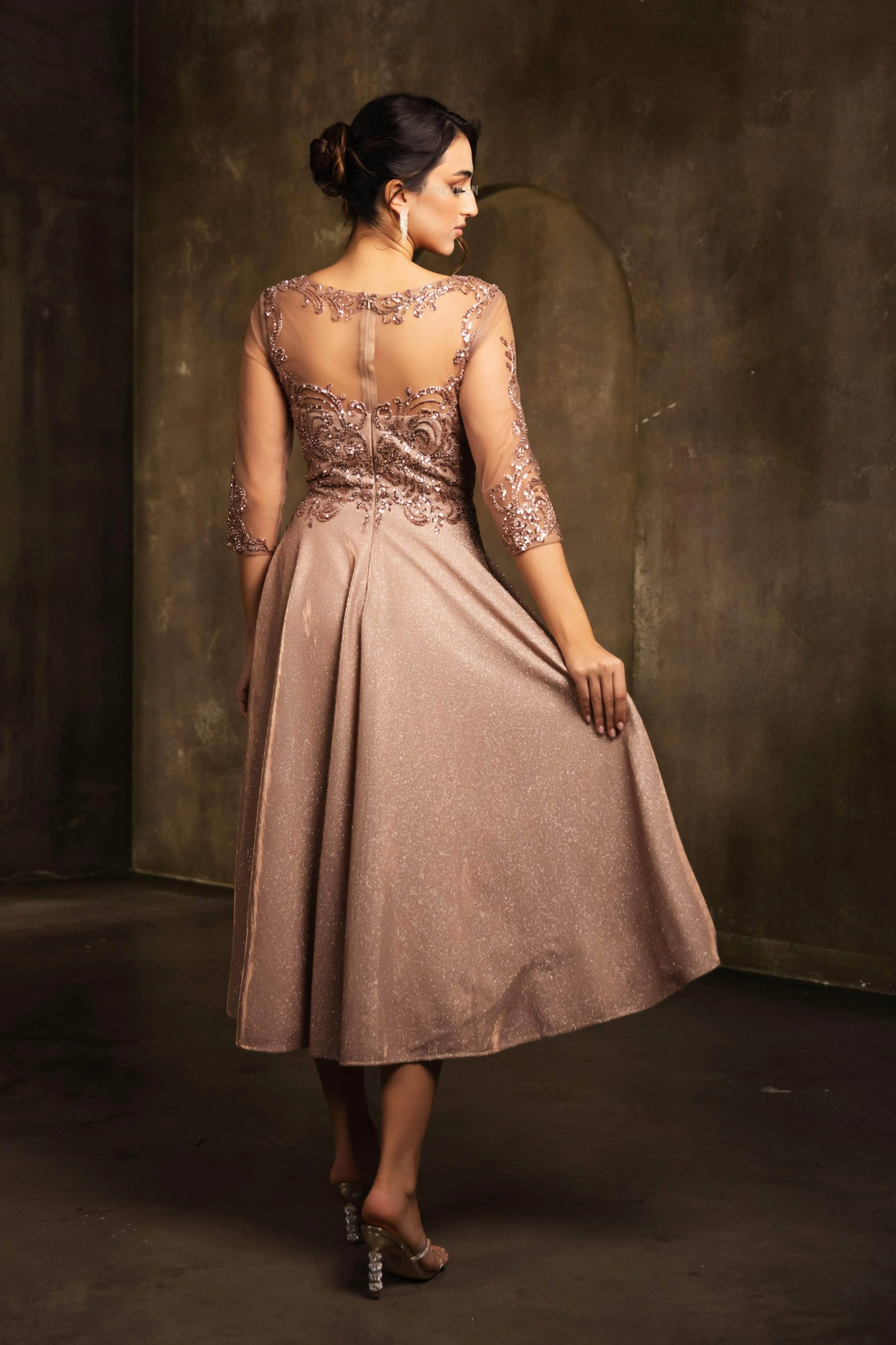 May Queen MQ2124 - Lace Illusion Tea-Length Glitter Dress