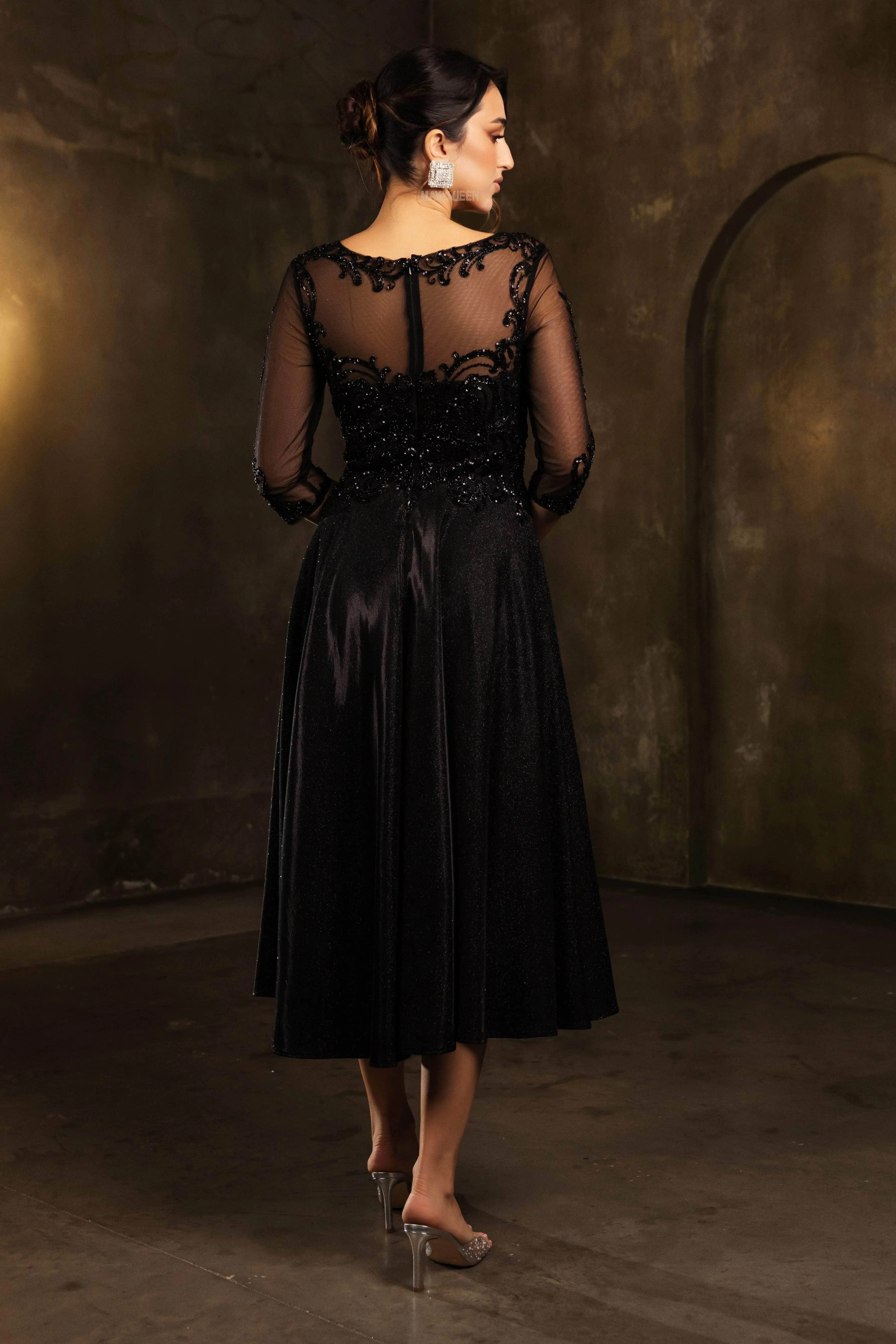 May Queen MQ2124 - Lace Illusion Tea-Length Glitter Dress