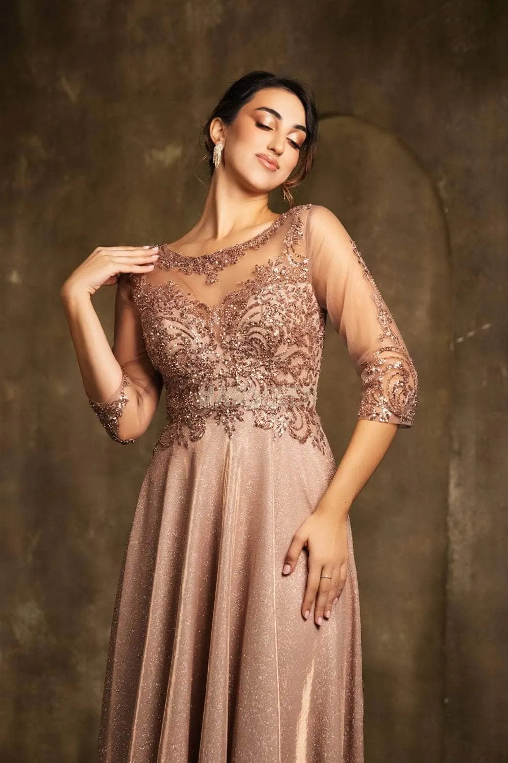 May Queen MQ2124 - Lace Illusion Tea-Length Glitter Dress