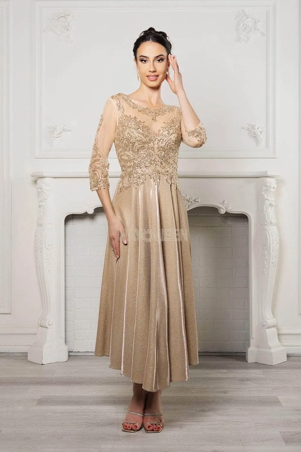 May Queen MQ2124 - Lace Illusion Tea-Length Glitter Dress