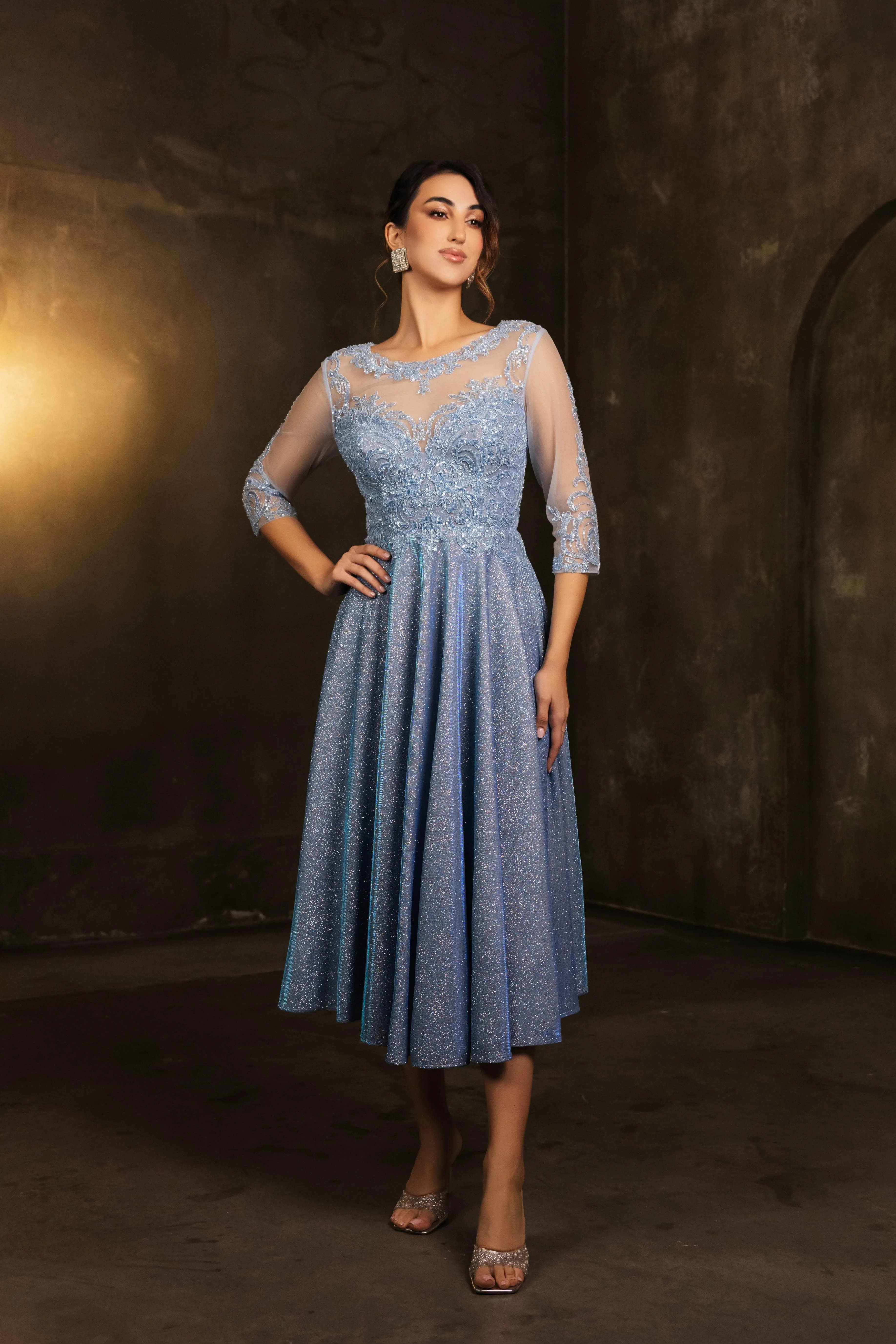 May Queen MQ2124 - Lace Illusion Tea-Length Glitter Dress