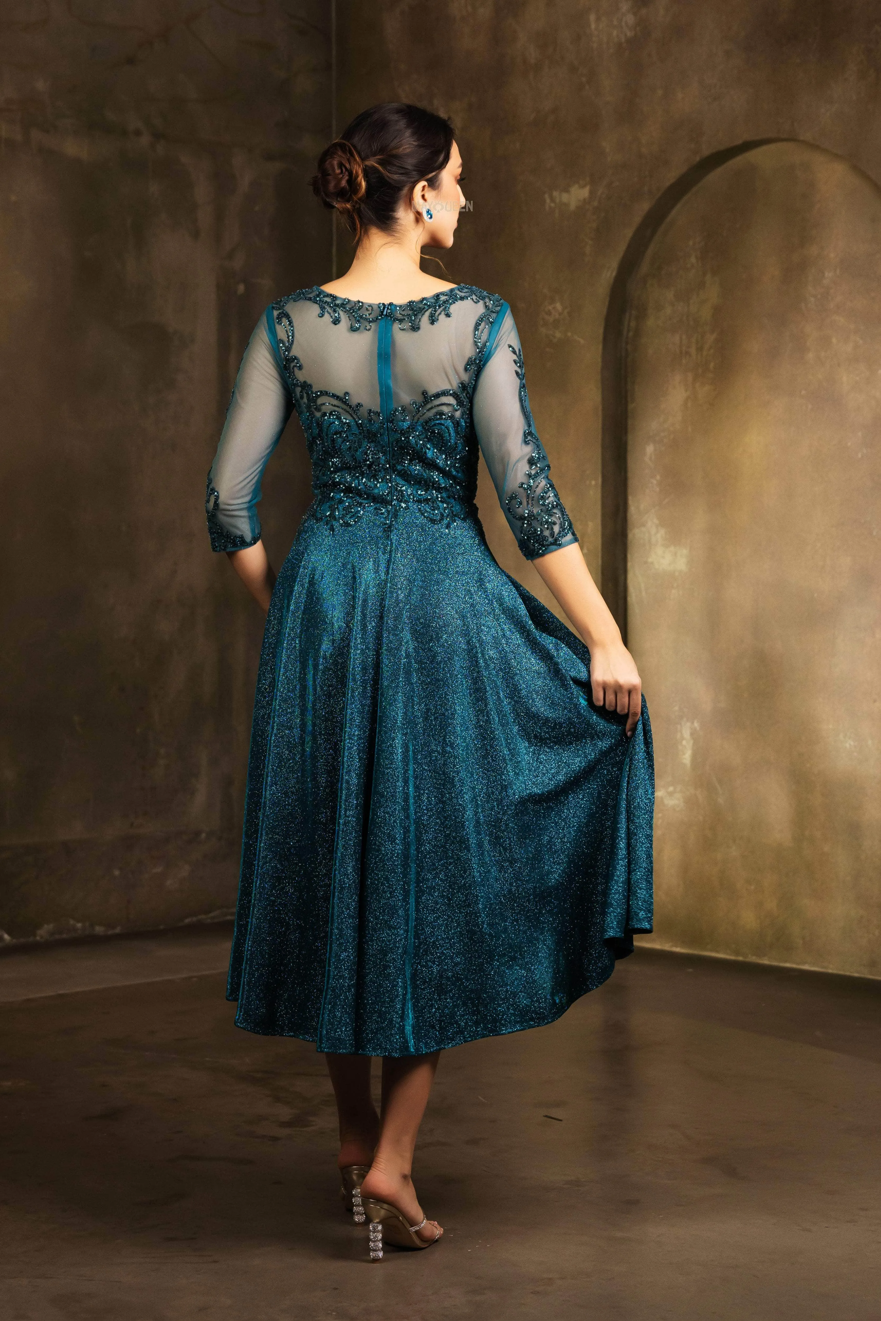 May Queen MQ2124 - Lace Illusion Tea-Length Glitter Dress