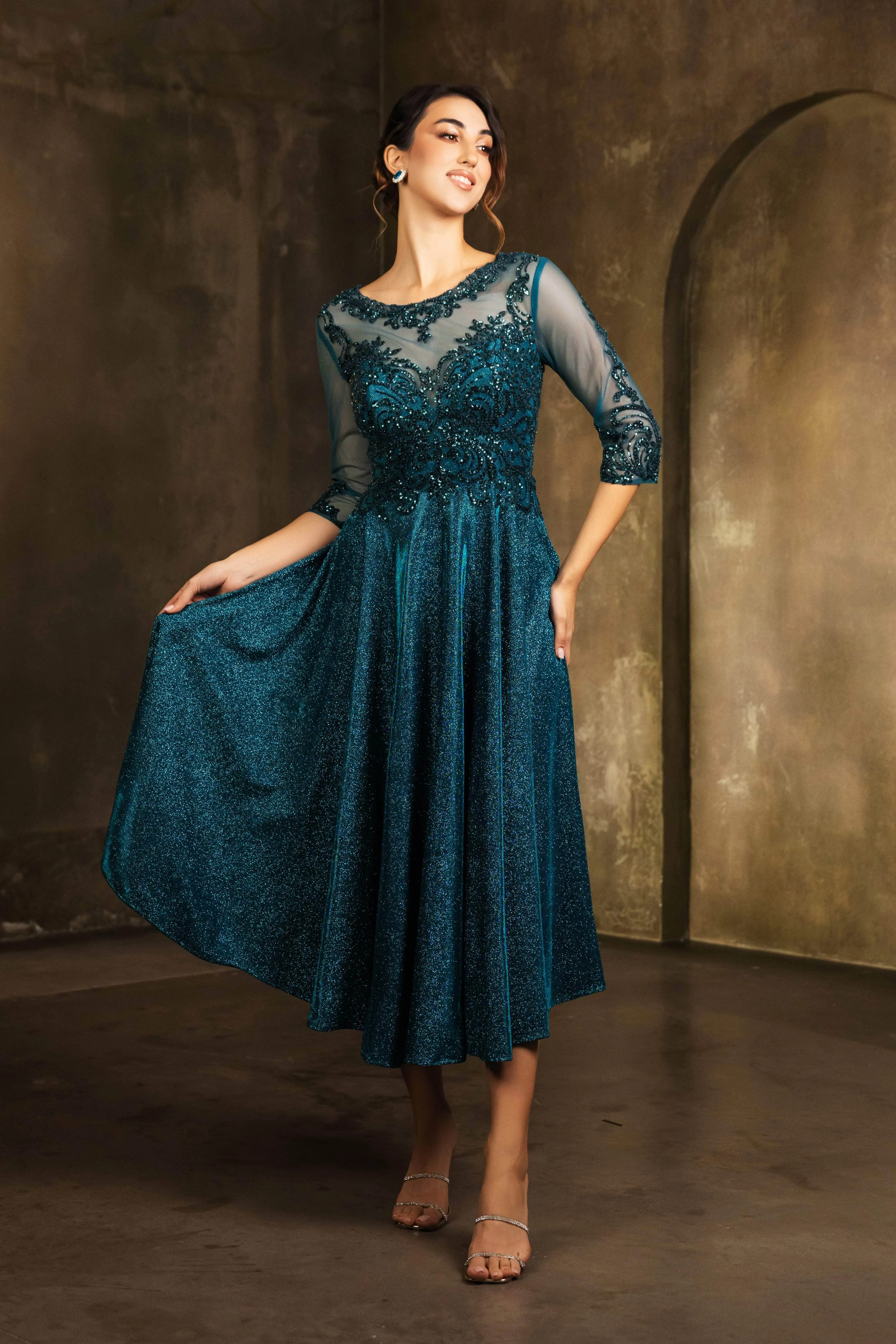 May Queen MQ2124 - Lace Illusion Tea-Length Glitter Dress