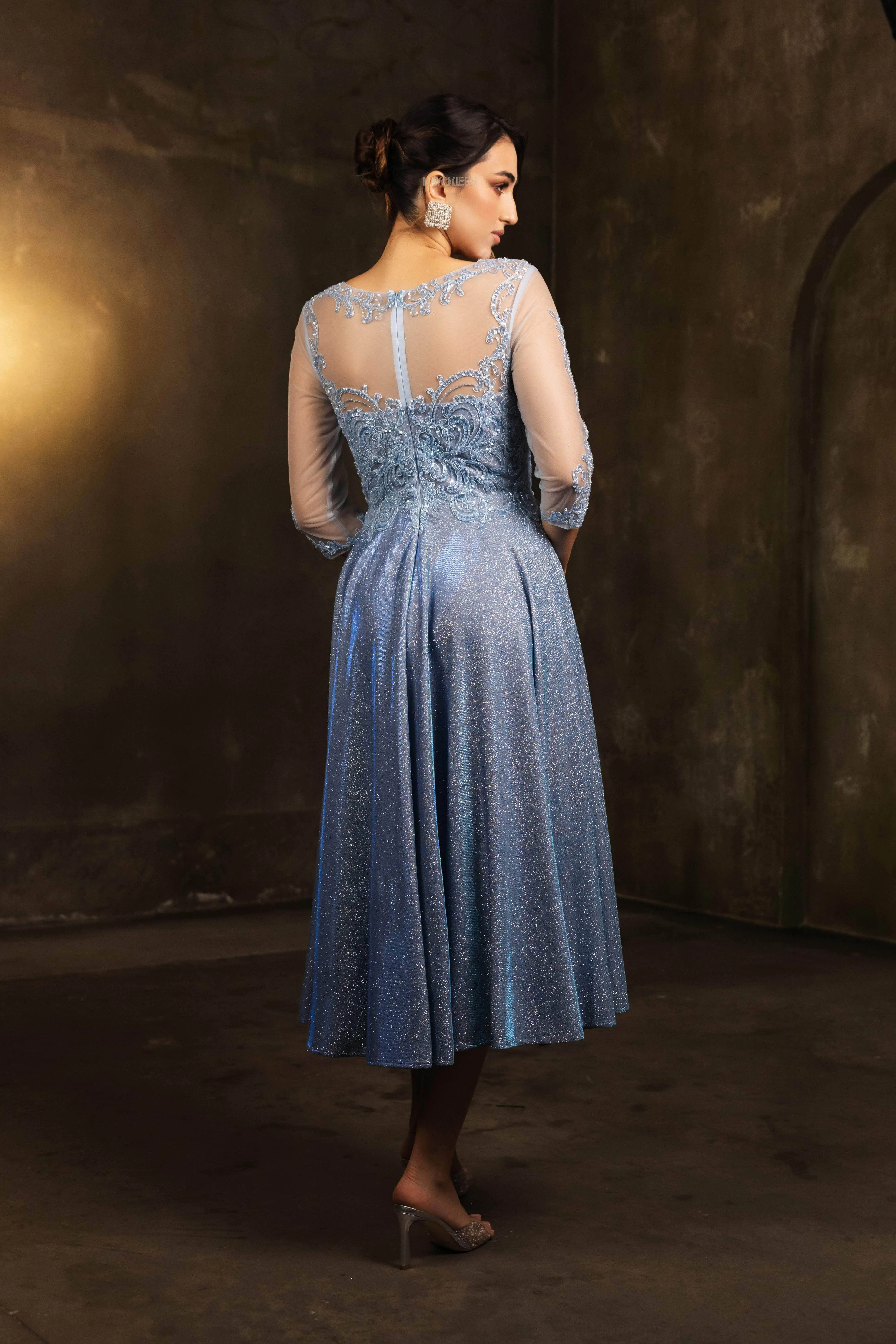 May Queen MQ2124 - Lace Illusion Tea-Length Glitter Dress