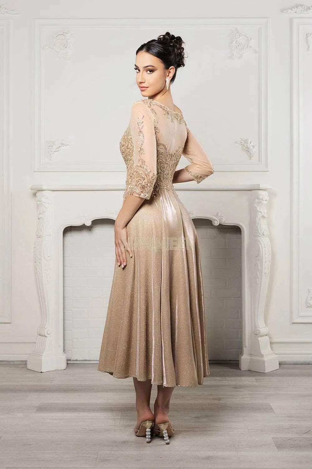 May Queen MQ2124 - Lace Illusion Tea-Length Glitter Dress