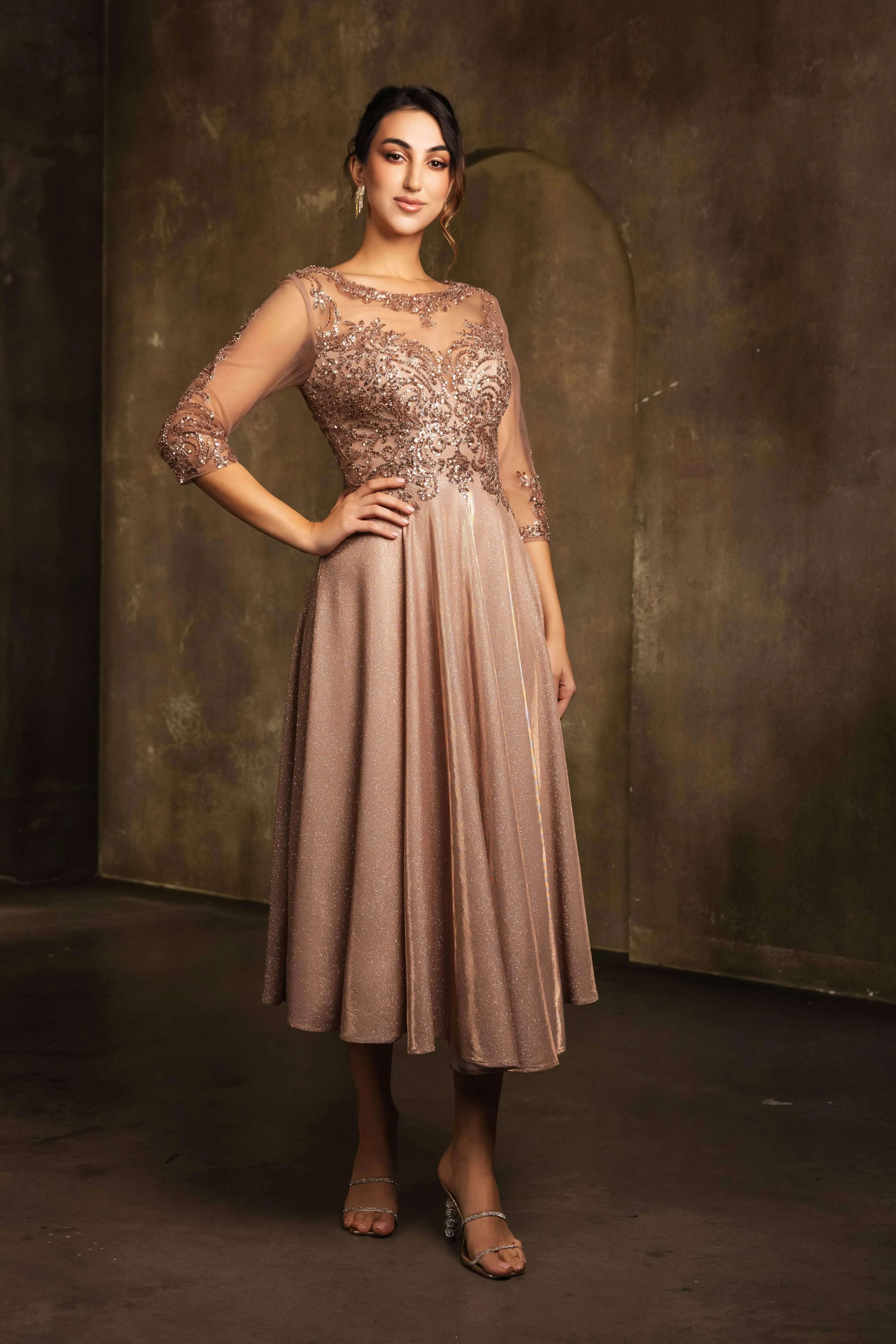 May Queen MQ2124 - Lace Illusion Tea-Length Glitter Dress