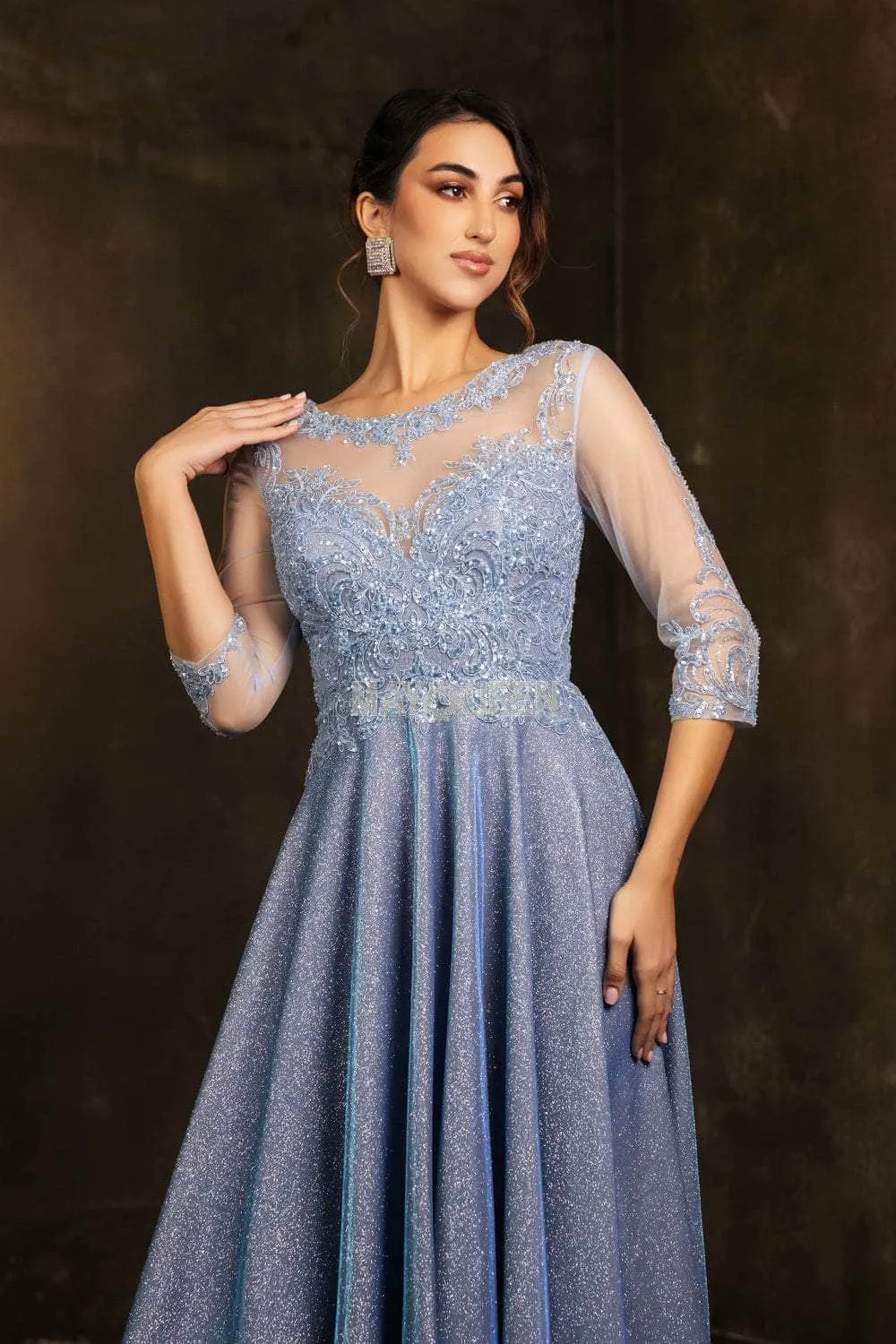May Queen MQ2124 - Lace Illusion Tea-Length Glitter Dress