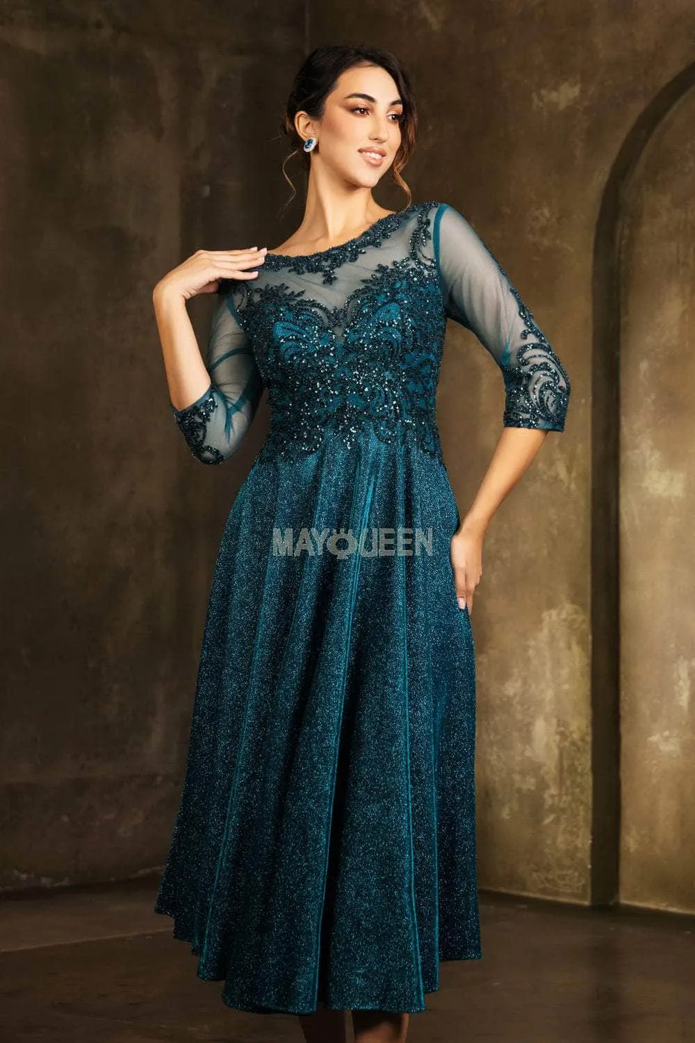 May Queen MQ2124 - Lace Illusion Tea-Length Glitter Dress