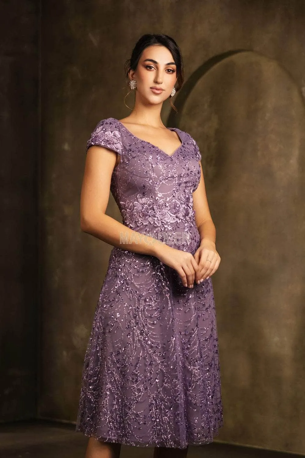 May Queen MQ2162 - Tea-Length Embroidered A-Line Dress