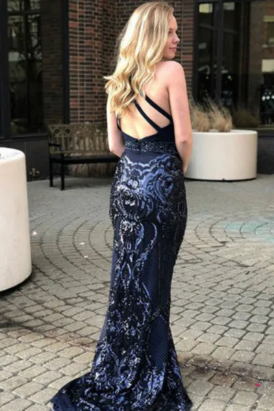 Memraid Jewel Sweep Train Keyhole Sequined Open Back Prom Dress C009