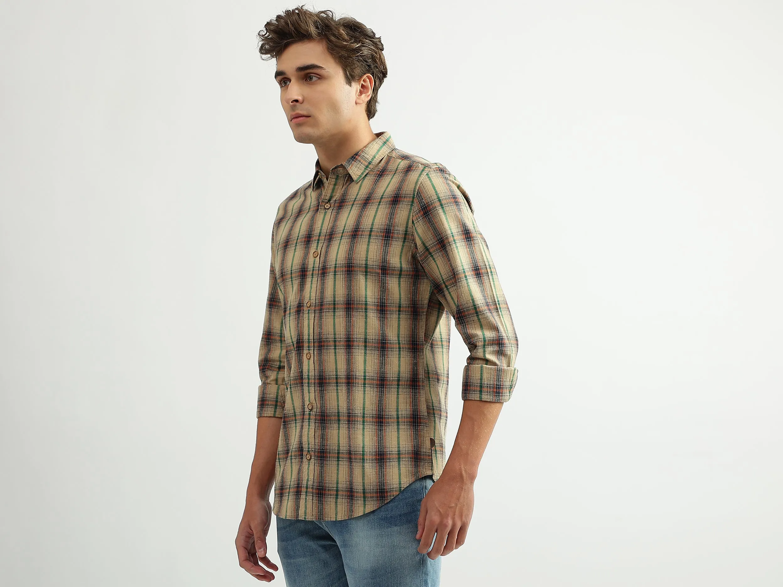 Men Checked Spread Collar Shirt