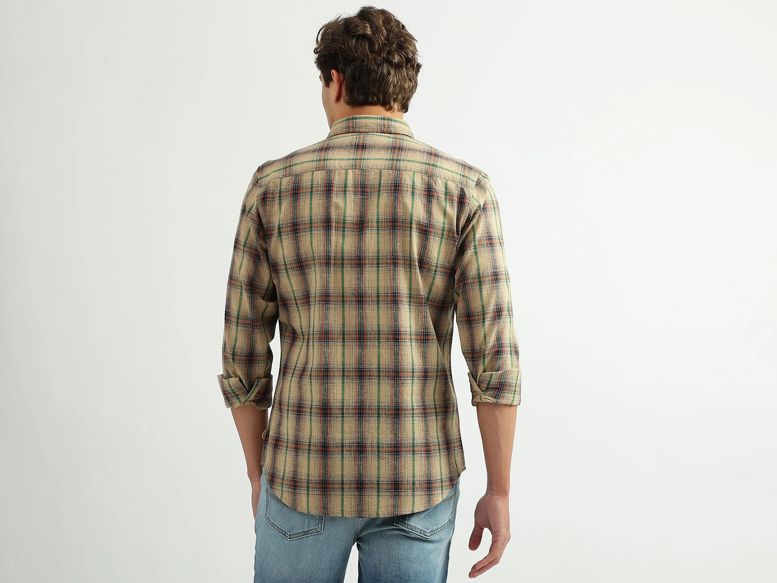 Men Checked Spread Collar Shirt