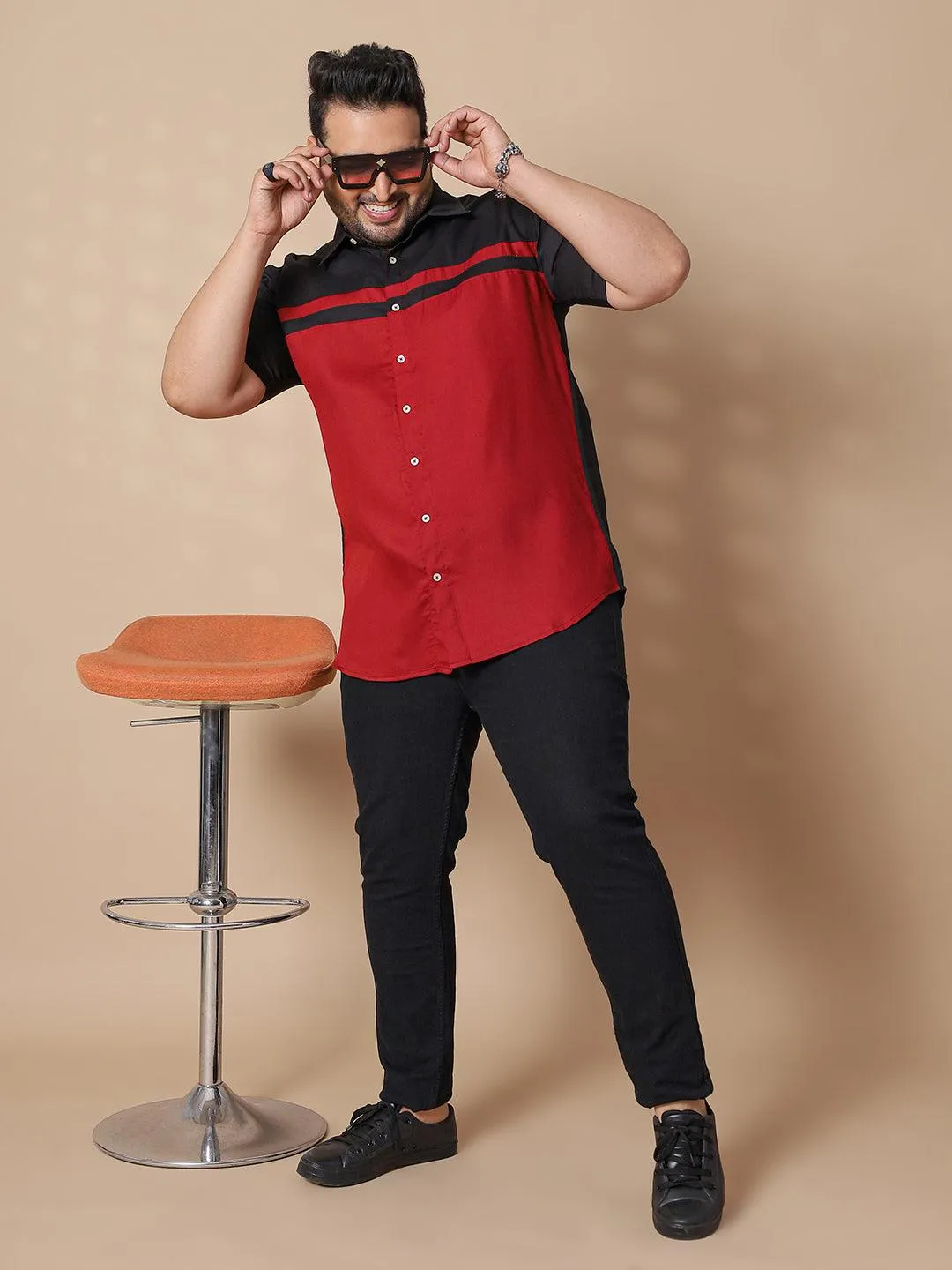 Men Plus Size Pattaya-Red Colorblock Shirt