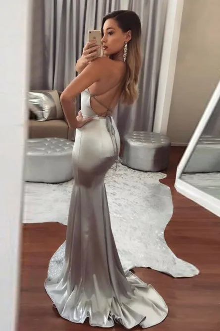 Mermaid Halter Backless Sweep Train Silver Prom Dress with Sequins LPD100