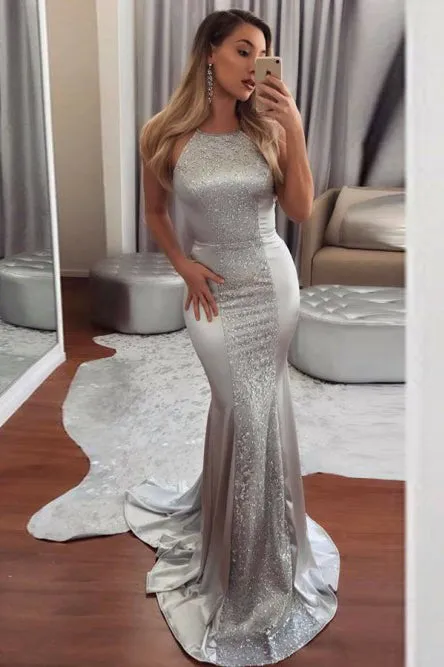 Mermaid Halter Backless Sweep Train Silver Prom Dress with Sequins LPD100