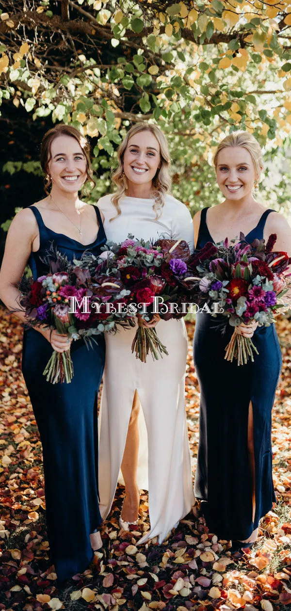 Mermaid Navy V-neck Side Slit Long Cheap Bridesmaid Dresses, BDS0105