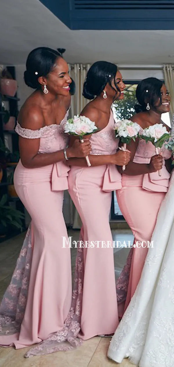 Mermaid Off-shoulder Lace Long Simple Bridesmaid Dresses, BDS0141